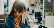 © peopleimages.com - Business woman, headache or tired in office with low energy, pain or brain fog with agent at call center. Migraine, stress or challenge in customer care with female consultant at desk with fatigue