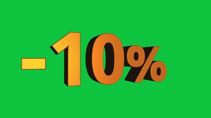 Wall Mural - Animated 3D minus 10 percent sign rotating on green background in seamless loop