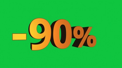 Wall Mural - Animated 3D minus 90 percent sign rotating on green background in seamless loop