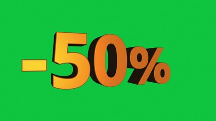 Wall Mural - Animated 3D minus 50 percent sign rotating on green background in seamless loop