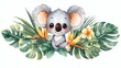 © Pickoloh - A cute cartoon koala sitting among tropical leaves and flowers, featuring vibrant colors and a playful expression