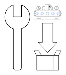 Wrench, downward arrow, open box, gear-filled conveyor belt with currency icons. Ideal for automation, workflow, fintech, packaging productivity integration optimization. Expresses simple flat
