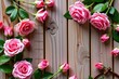 © Katherina - Rustic wooden background adorned with delicate pink roses, creating a romantic and natural scene, photography, botany