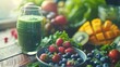 © sorin - Vibrant morning kitchen scene with fresh fruits and green smoothie in natural sunlight