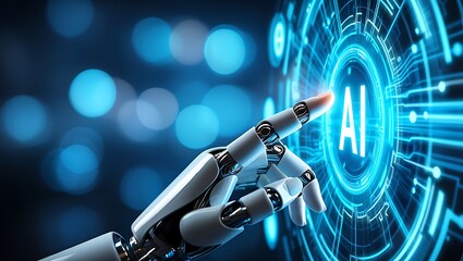 Robotic Hand Activating Futuristic AI Interface:  Digital Transformation Concept.