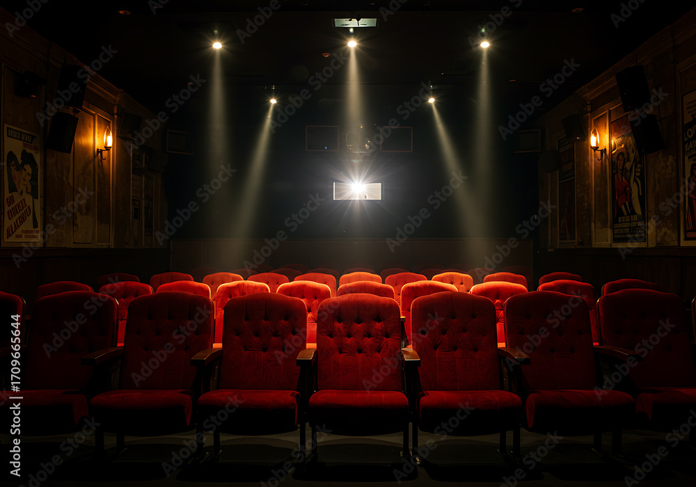 Interior view of a vintage movie theater with red velvet seats facing a ...