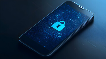 A smartphone displaying a blue padlock symbol on a digital circuit board patterned screen for security use