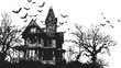 © Oly - Gothic haunted mansion with flying bats and spooky trees, vintage Halloween sketch pencil illustration in black.