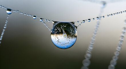 A macro photograph of a large water droplet on a spiderweb, refracting a clear, upside-down image of a clock.