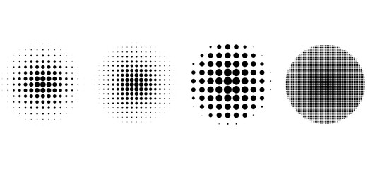 Wall Mural - Halftone circle pattern set. Four black circular dot textures, abstract halftone design elements for posters, overlays, backgrounds, scrapbooks and modern decoration.