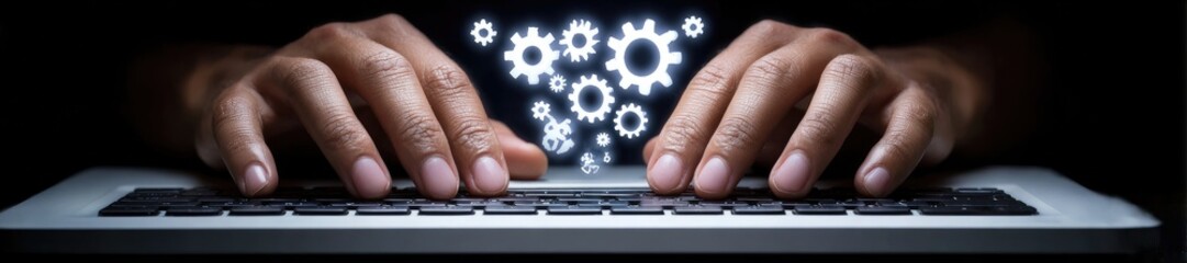 Hands typing on a laptop keyboard, with glowing gear icons overlaid