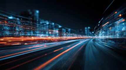 Elegant photo of digital data flow on road in concept of cyber global communication and coding with graphic creating vision of fast speed transfer to show agile digital.