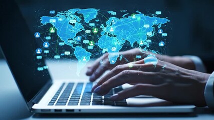 Global remote collaboration and international teamwork. International collaboration network. Businessman using laptop computer to communicate with team