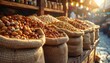 © yevhen89 - Variety of nuts in bags at outdoor market during daytime. Healthy food and ingredients