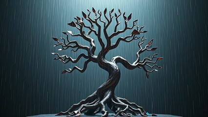 A shattered tree of life sculpture with digital binary rain, symbolizing evolution and technology.