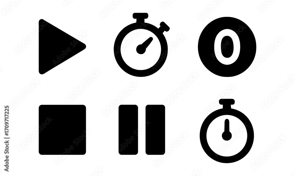 Minimalist media control symbols: play, pause, stop, timer, and zero ...