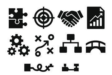 Business strategy silhouette icon set. featuring puzzle, target, handshake, graph, gears, and plan symbols