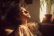 © Rifqi - Young woman basking in sunlight with closed eyes and floral top indoors, concept for wellness retreat, relaxation moment and peaceful contemplation