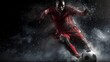 © Silard - Soccer player in red uniform running fast with ball in rain on dark studio background dramatic motion