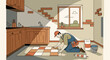 © Alena - Tiling project in kitchen with worker installing tiles with mortar and trowel, worker carrying out tiling project laying tiles.