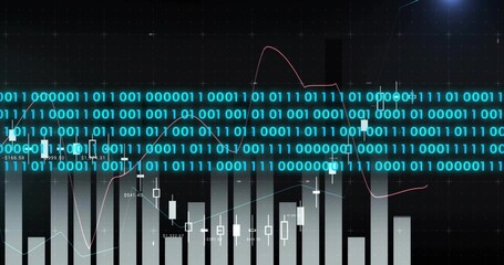 Wall Mural - Displaying dark dashboard in virtual grid, bars, candlesticks, red and blue lines and binary stream
