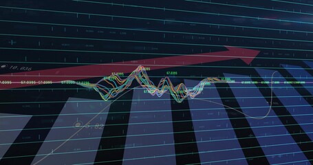 Wall Mural - Showing financial chart on interface with line graphs numeric labels red arrow blue bars cyan grid