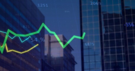 Wall Mural - Showing green and yellow trend lines over downtown glass skyscrapers, featuring numeric data labels