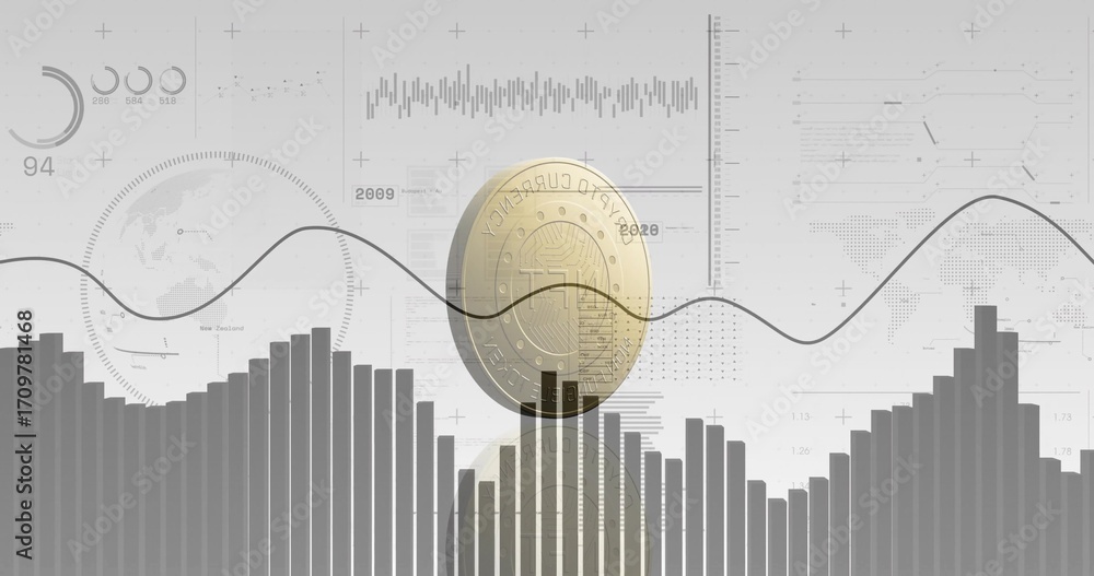 Displaying gold crypto coin standing in dashboard, with bar chart line ...