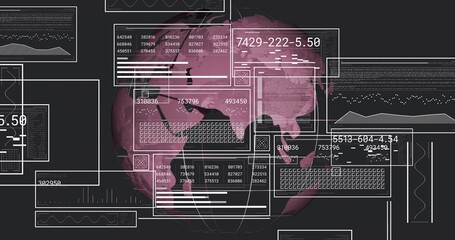 Wall Mural - Rotating stylized pink world globe on dashboard, with white UI panels displaying numeric data grids