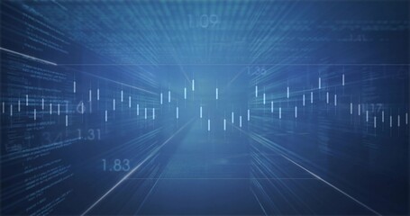 Wall Mural - Rendering candlestick chart showing numeric labels in virtual interface with code and light streams