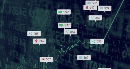 Wall Mural - Showing green ascending line chart at trading dashboard, floating notification icons with counts