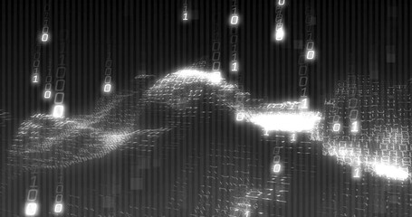 Wall Mural - Cascading binary digits forming undulating wave in cyberspace, with code streams and grid squares