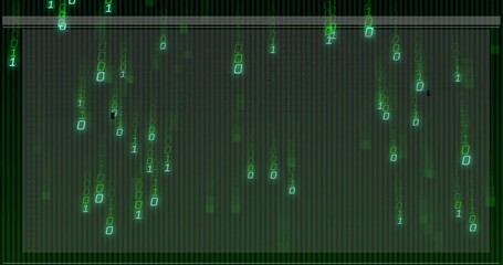 Wall Mural - Flowing glowing green binary digits cascading over dark grid backdrop, with digital rain effect