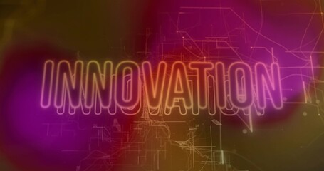 Wall Mural - Glowing neon-style text INNOVATION shining in abstract digital environment, with circuit patterns