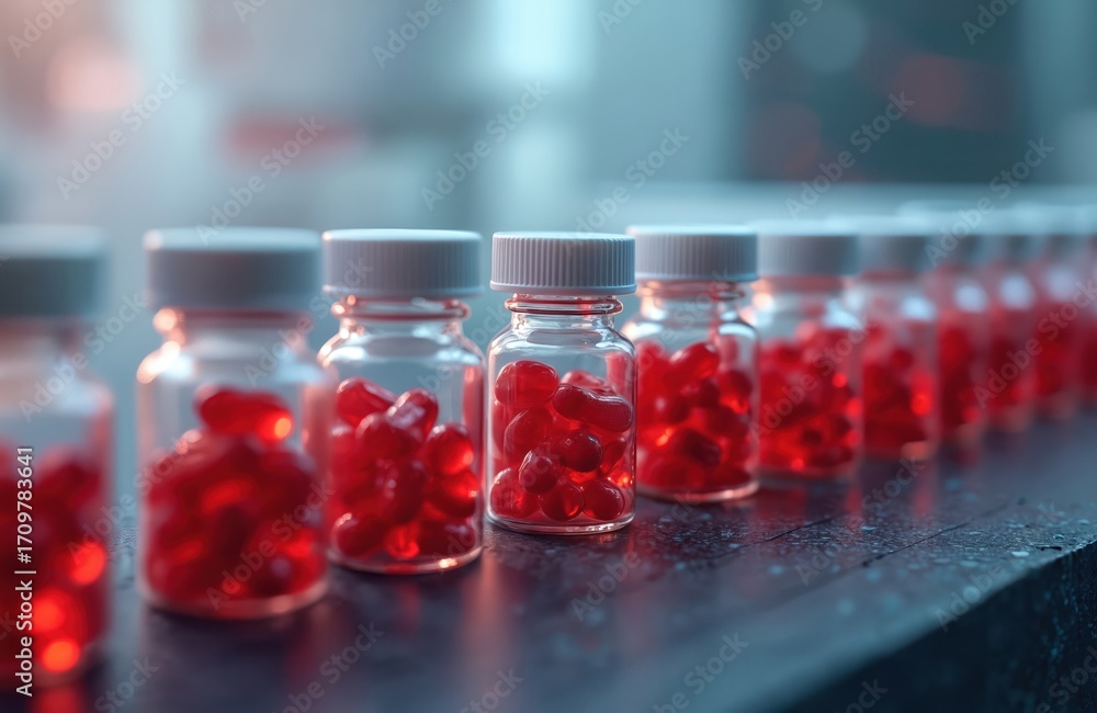 Row of vials containing red drug capsules. Pharmaceutical research ...