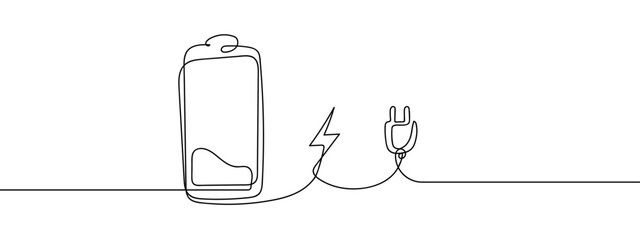 Wall Mural - Continuous line of battery concept, simple line art, doodle vector, editable stroke.