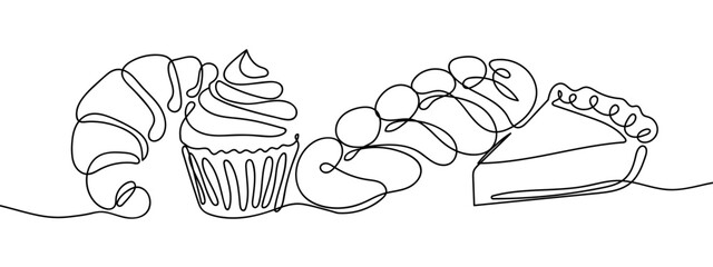 Wall Mural - Continuous line of bakery set. Simple line art doodle vector. Editable stroke.