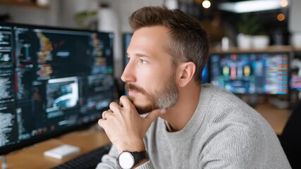 Focused Analyst: A dedicated analyst contemplates complex data on multiple screens, showcasing the intensity of modern data analysis and the quest for insightful discoveries.