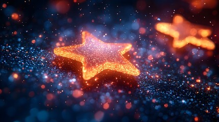 Wall Mural - Glowing orange stars and particles float on a dark cosmic background with soft bokeh lights