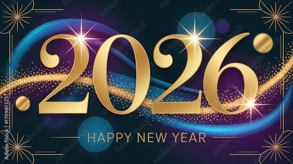 Luxurious golden 3D 2026 happy new year greeting with sparkling blue ...