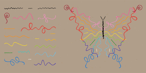 Wall Mural - Children's Chalk Drawn Sketch. Set of Design Elements Multicolored Butterfly from Scribbles Isolated on Craft Paper.