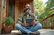 © Pete - Bearded man sits cross-legged on wooden porch of tiny house, holding digital tablet. Mature person contemplates, looking up thoughtfully. Plants surrounds small eco-friendly dwelling, suggesting