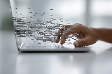 Wall Mural - Close-up of person typing on laptop, digital code particles explode outwards