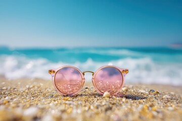 Wall Mural - Pink sunglasses resting on a sandy beach with gentle waves and a clear blue sky in the background, creating a perfect summer vibe