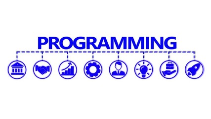 Programming banner web icon video concept with icon of computer, develop, source code, algorithm, data,