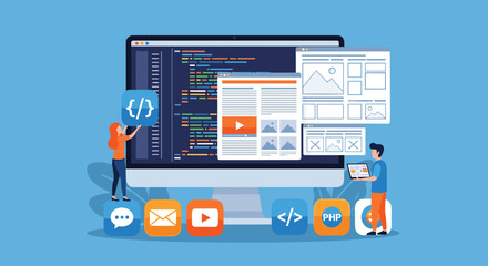 Modern computer desktop screen displaying software development tools and open applications on blue background