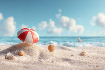 Wall Mural - Bright beach scene featuring a red and white umbrella, seashells, and gentle ocean waves under a clear blue sky at midday