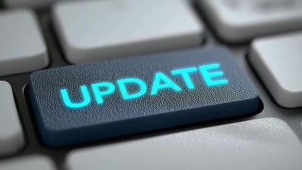 Close up modern white keyboard with glowing blue text 