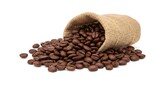 Coffee beans spill from a burlap sack onto a white surface displaying textures  earthy tones