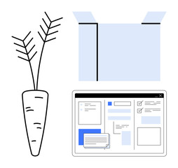 Carrot illustration, open box, and digital workspace screen with forms and text blocks. Ideal for creativity, innovation, sustainability, productivity, technology, apps and growth in a simple flat